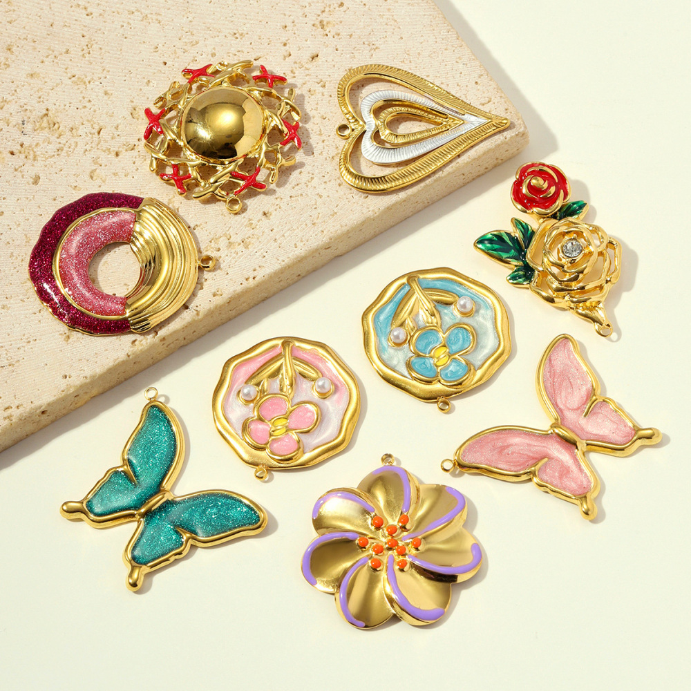 6pcs/pack French Stainless Steel Enamel Glitter Flower DIY Charms Butterfly Rose Necklace Pendants Love Heart Ring Jewelry Wholesale