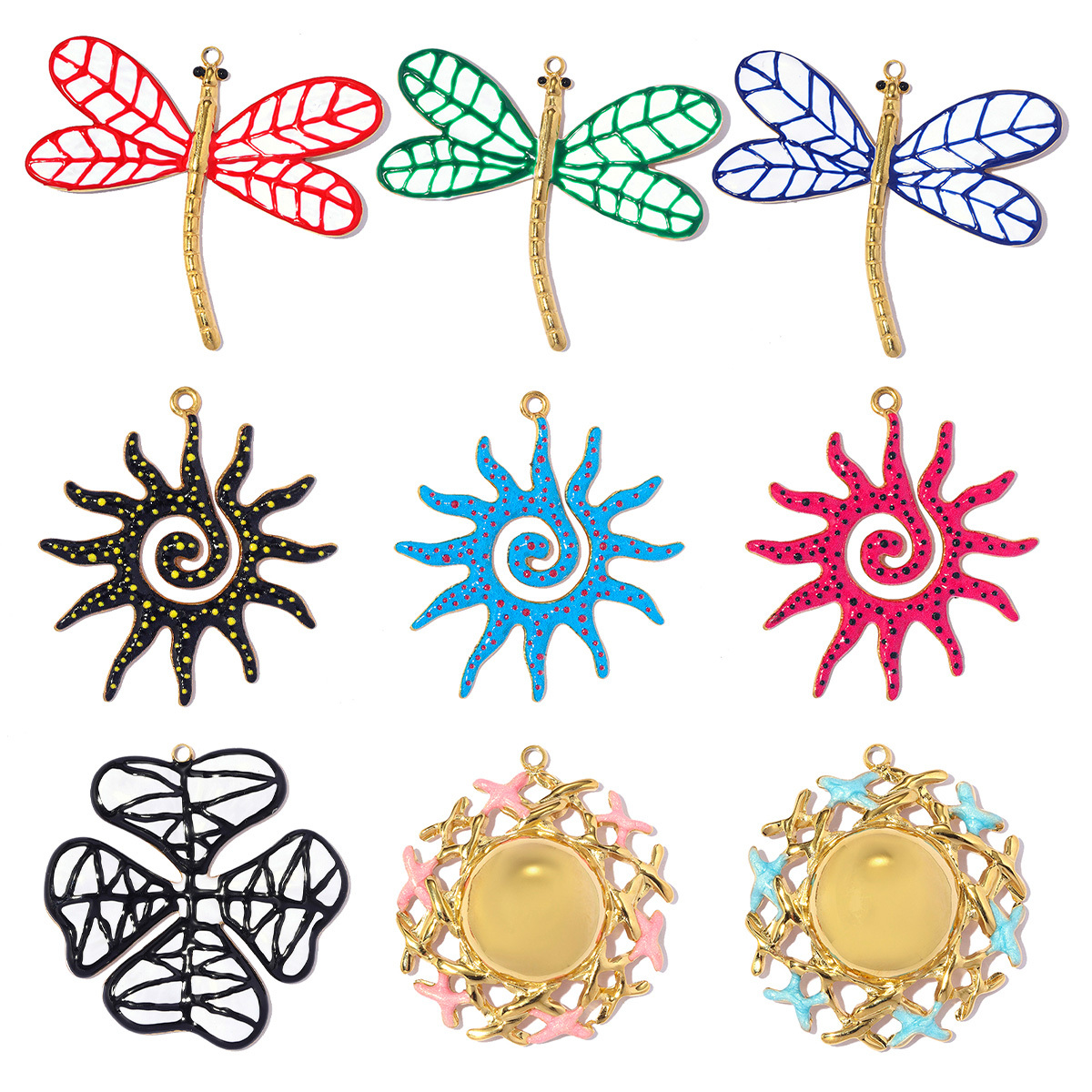 6pcs/pack Large Stainless Steel Enamel Clover Flower DIY Earring Charms Swirl Sun Necklace Pendants Dragonfly Jewelry Wholesale