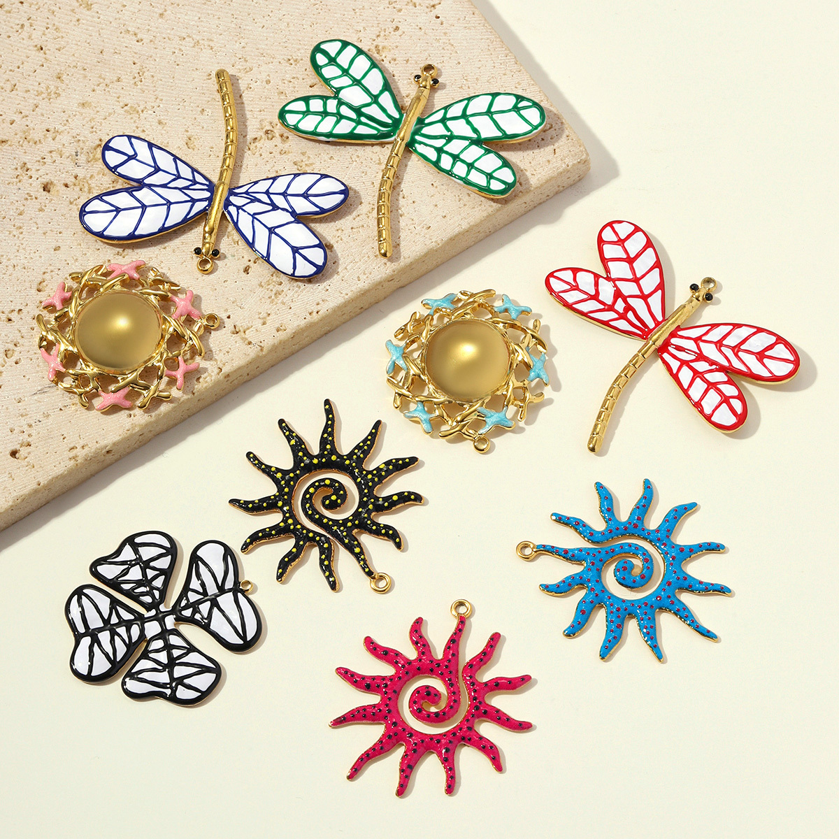 6pcs/pack Large Stainless Steel Enamel Clover Flower DIY Earring Charms Swirl Sun Necklace Pendants Dragonfly Jewelry Wholesale