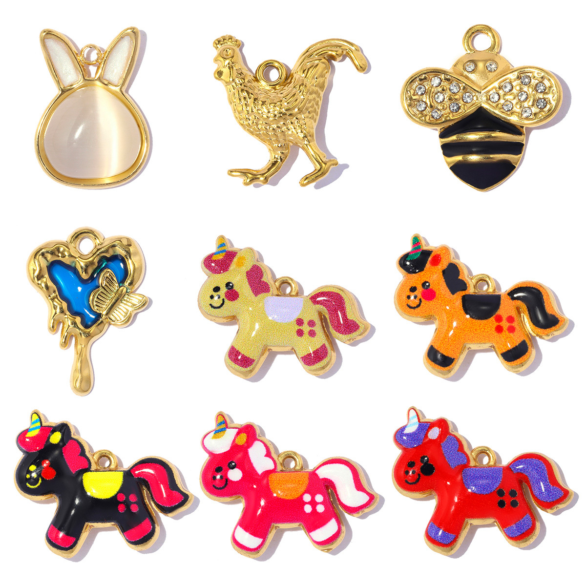 6pcs/pack Stainless Steel Rocking Horse Rabbit DIY Charms Rhinestone Bee Rooster Necklace Pendants Woman Heart Jewelry Wholesale
