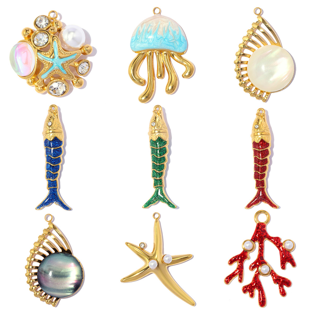 6pcs/pack Stainless Steel Enamel Fish Jellyfish DIY Earring Charms Shell Conch Coral Necklace Pendants Woman Starfish Jewelry Wholesale