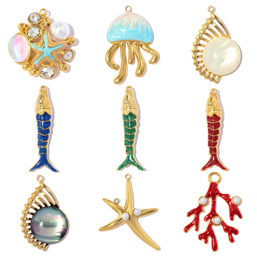 6pcs/pack Stainless Steel Enamel Fish Jellyfish DIY Earring Charms Shell Conch Coral Necklace Pendants Woman Starfish Jewelry Wholesale