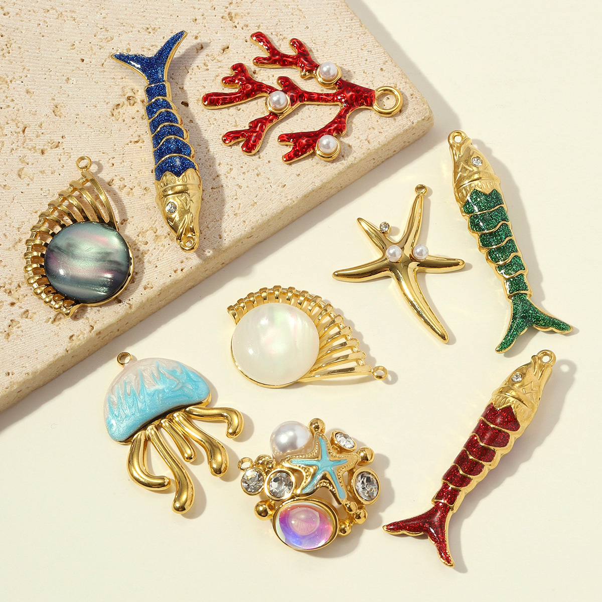 6pcs/pack Stainless Steel Enamel Fish Jellyfish DIY Earring Charms Shell Conch Coral Necklace Pendants Woman Starfish Jewelry Wholesale