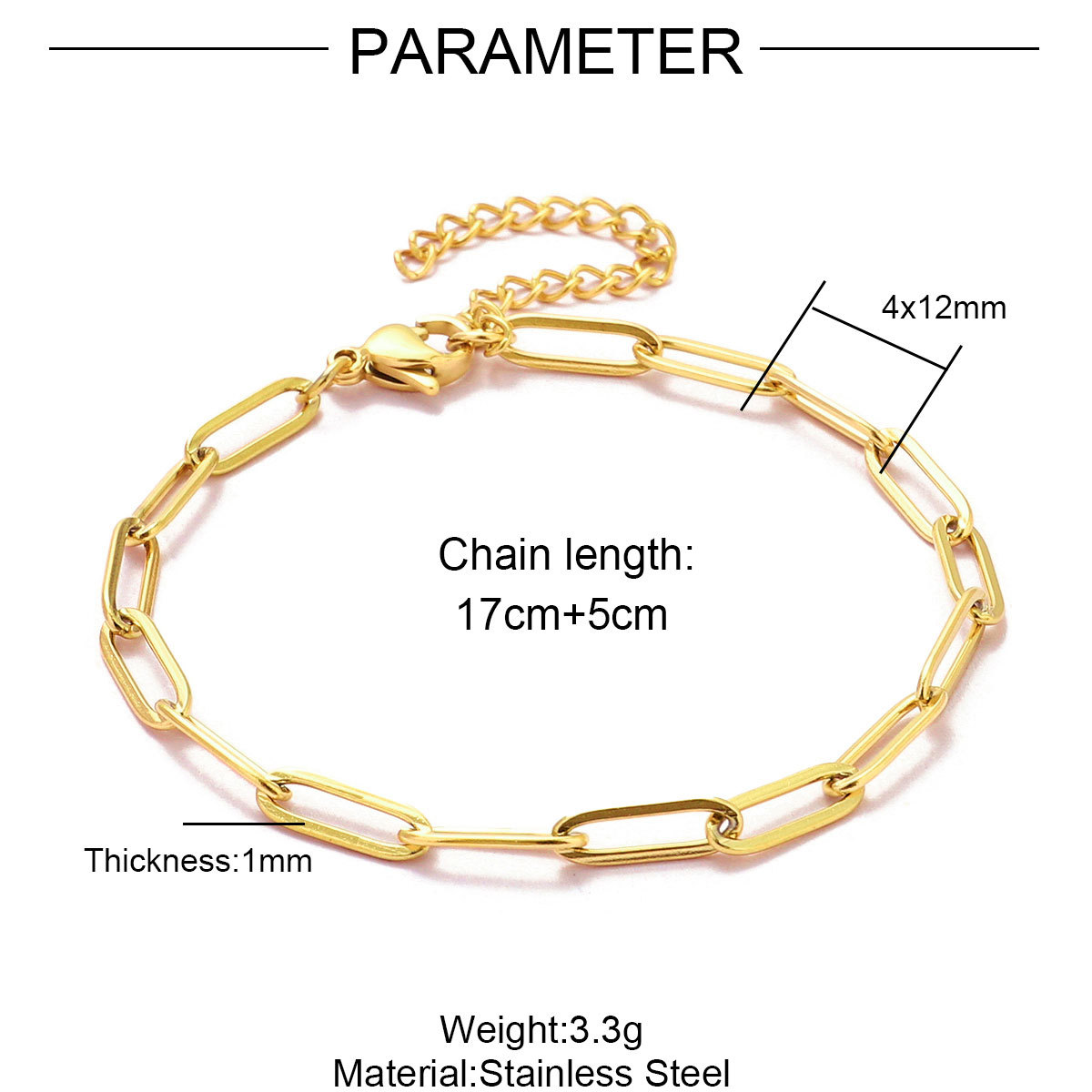 12pcs/pack 17-22cm 18k Gold Plated Stainless Steel Paperclip Cross Link Chain Bracelet Women Handmade DIY Charm Jewelry Making
