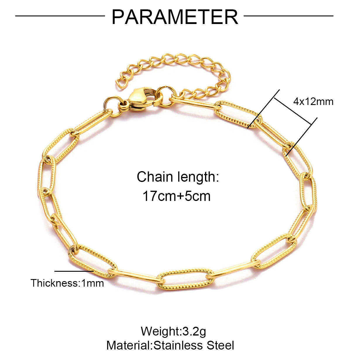 12pcs/pack 17-22cm 18k Gold Plated Stainless Steel Paperclip Cross Link Chain Bracelet Women Handmade DIY Charm Jewelry Making