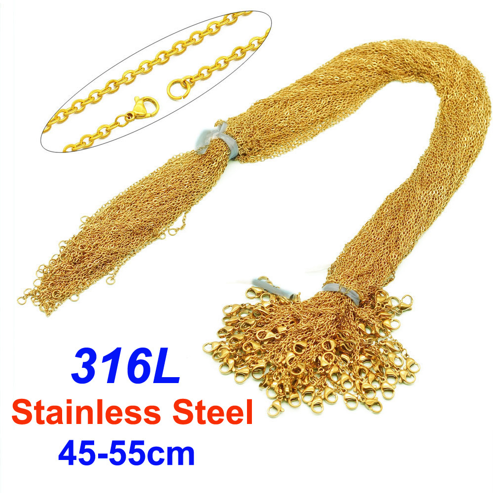 100pcs/pack Bulk Wholesale 316L Stainless Steel Cable Link Rolo Chain Necklace Gold Color 45-50cm for DIY Jewelry Making Women