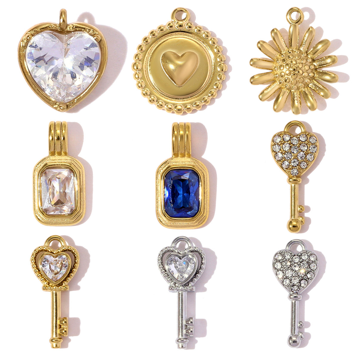 6pcs/pack French Retro Stainless Steel Rhinestone Love Heart Key DIY Charms Geometric Suqare Necklace Pendants Women Daisy Jewelry