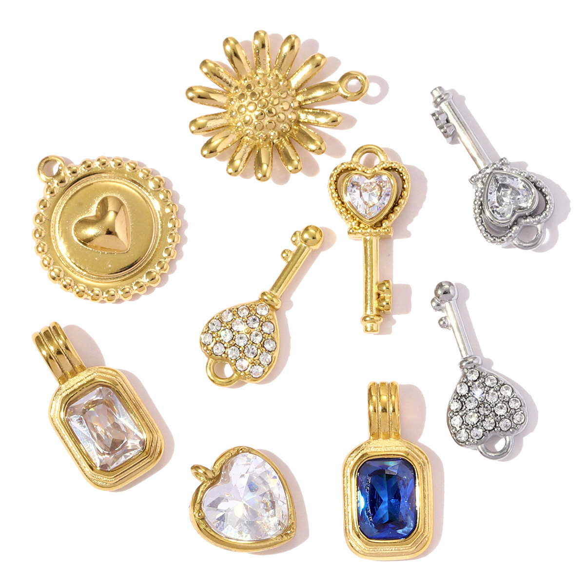6pcs/pack French Retro Stainless Steel Rhinestone Love Heart Key DIY Charms Geometric Suqare Necklace Pendants Women Daisy Jewelry