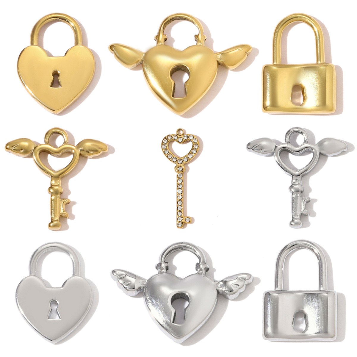 6pcs/pack Fashion Stainless Steel Love Heart Lock Key DIY Charms Wing Necklace Pendants Women Mirror Polish Rhinestone Jewelry