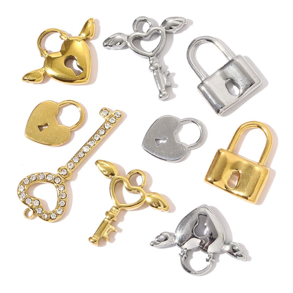 6pcs/pack Fashion Stainless Steel Love Heart Lock Key DIY Charms Wing Necklace Pendants Women Mirror Polish Rhinestone Jewelry