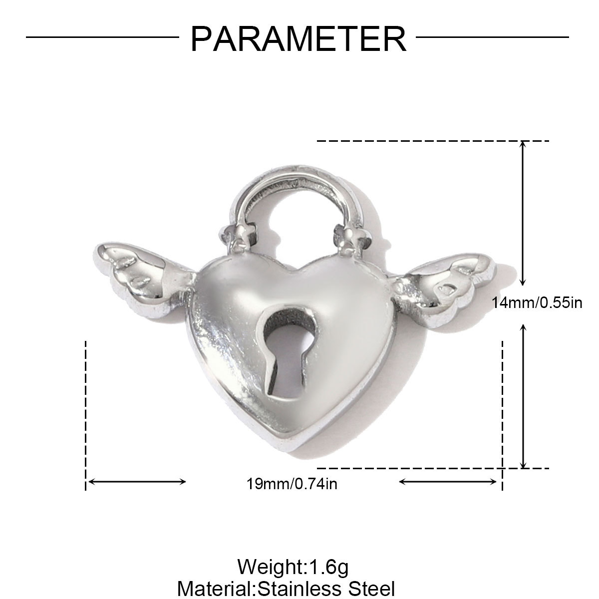 6pcs/pack Fashion Stainless Steel Love Heart Lock Key DIY Charms Wing Necklace Pendants Women Mirror Polish Rhinestone Jewelry