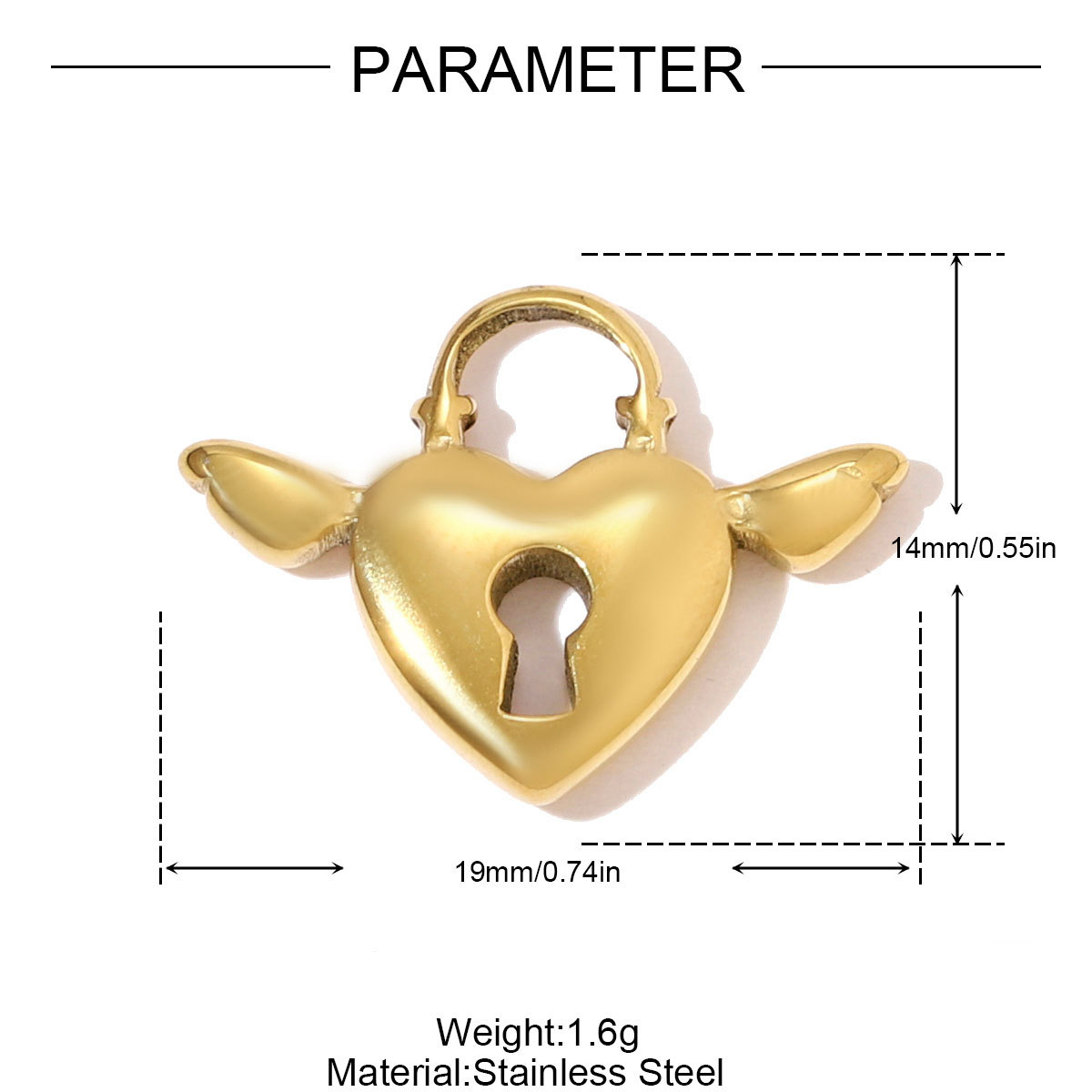 6pcs/pack Fashion Stainless Steel Love Heart Lock Key DIY Charms Wing Necklace Pendants Women Mirror Polish Rhinestone Jewelry