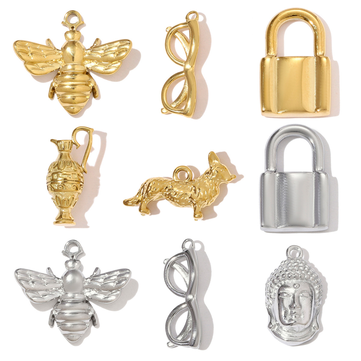 6pcs/pack Fashion Stainless Steel 3D Lock Bee DIY Charms Glasses Buddha Head Necklace Pendants Women Kettle Corgi Dog Jewelry