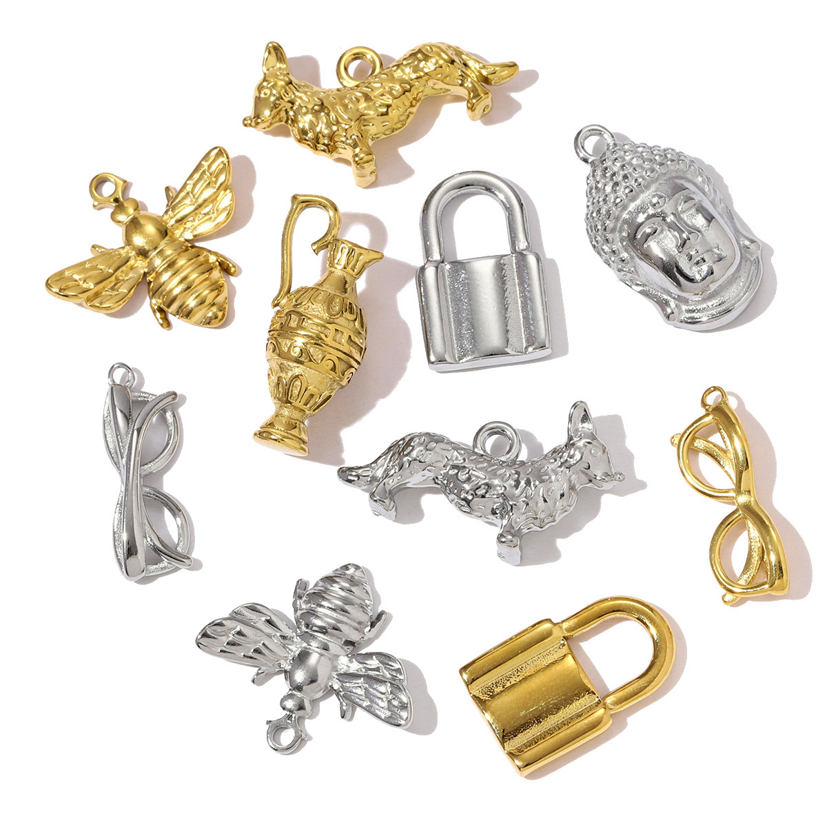 6pcs/pack Fashion Stainless Steel 3D Lock Bee DIY Charms Glasses Buddha Head Necklace Pendants Women Kettle Corgi Dog Jewelry
