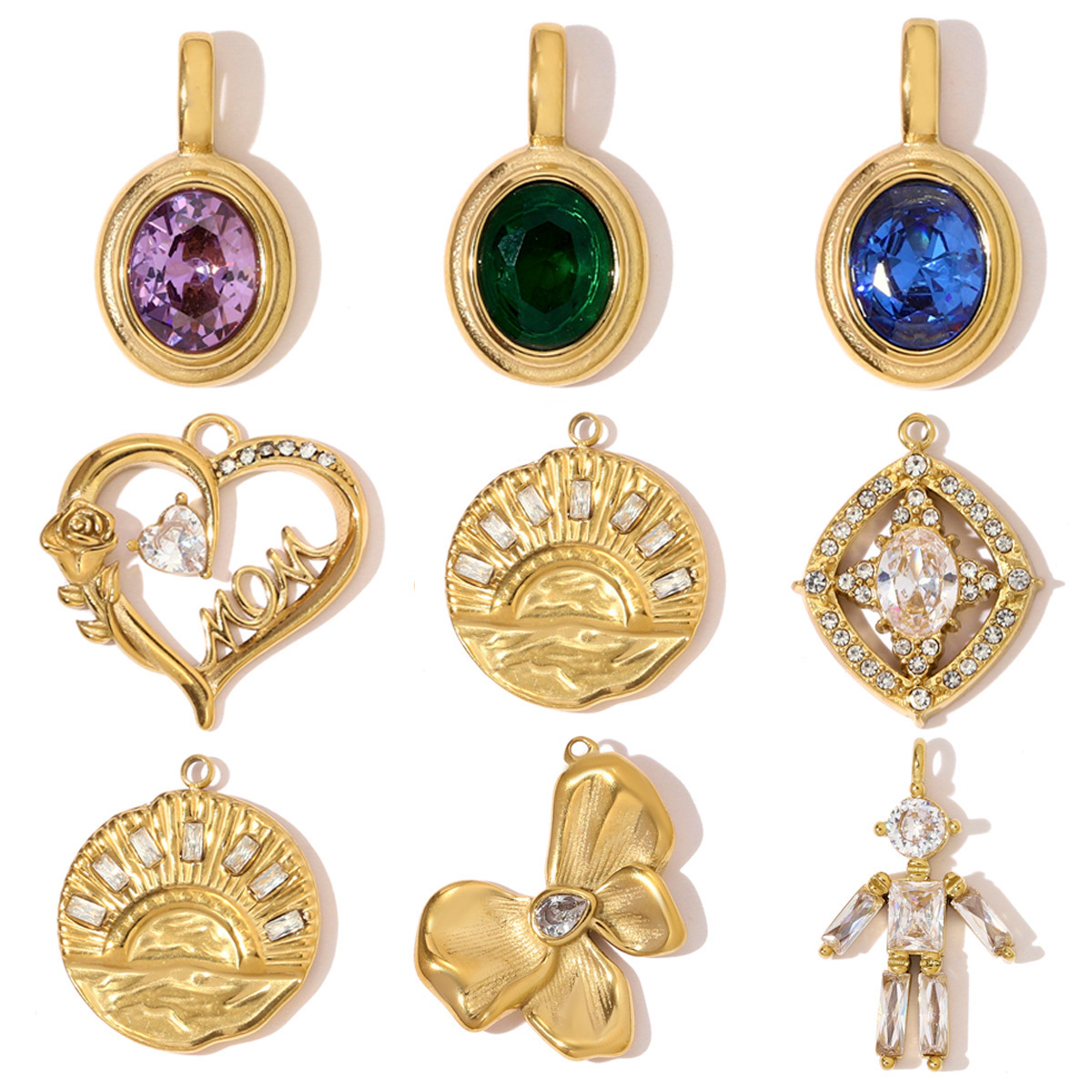 6pcs/pack French Stainless Steel Zircon Heart Clover Sun DIY Charms Flower Little Boy Necklace Pendants Women Geometric Oval Jewelry