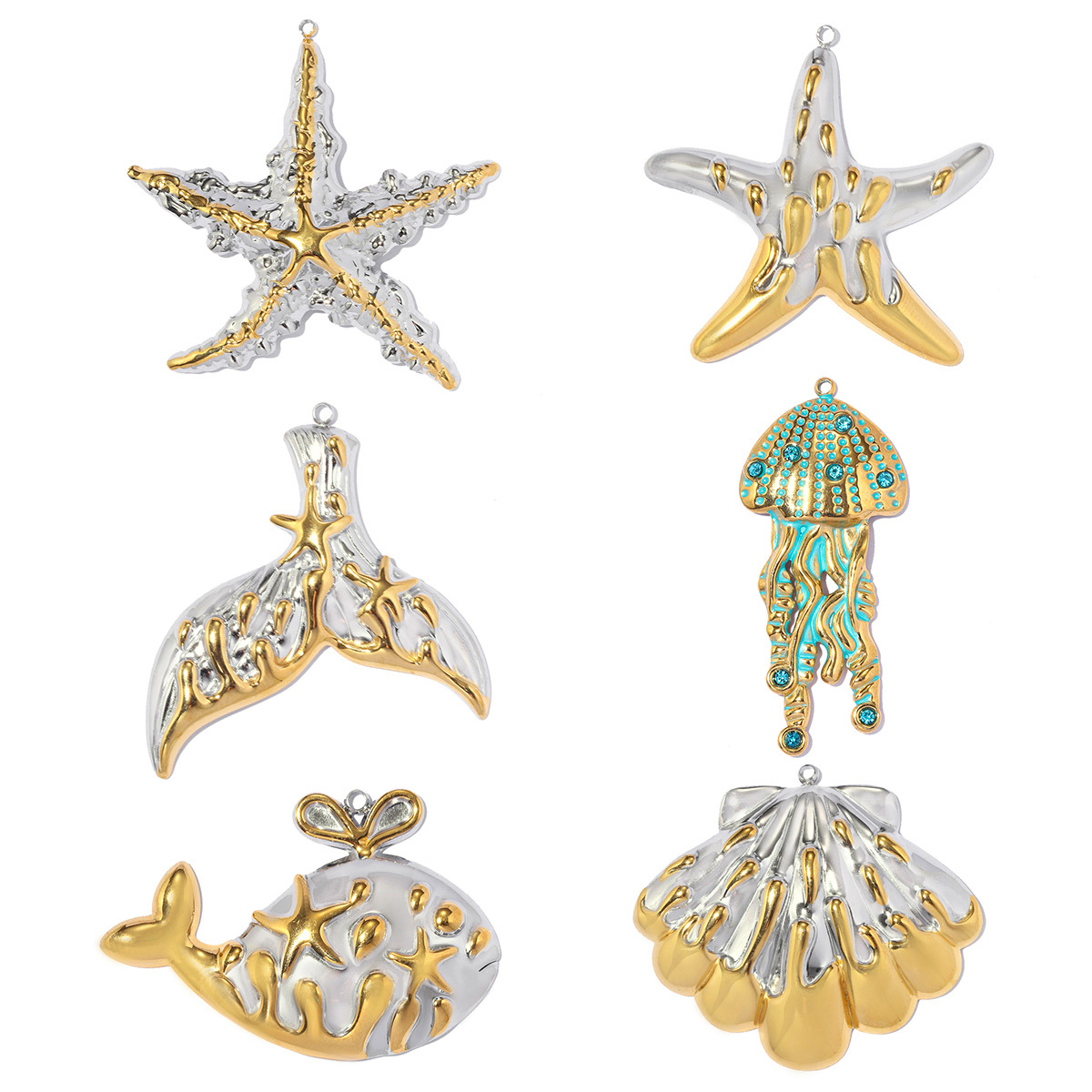 6pcs/pack Stainless Steel Two Tone Fish Tail Whale DIY Earring Charms Jellyfish Starfish Necklace Pendants Woman Shell Jewelry Wholesale