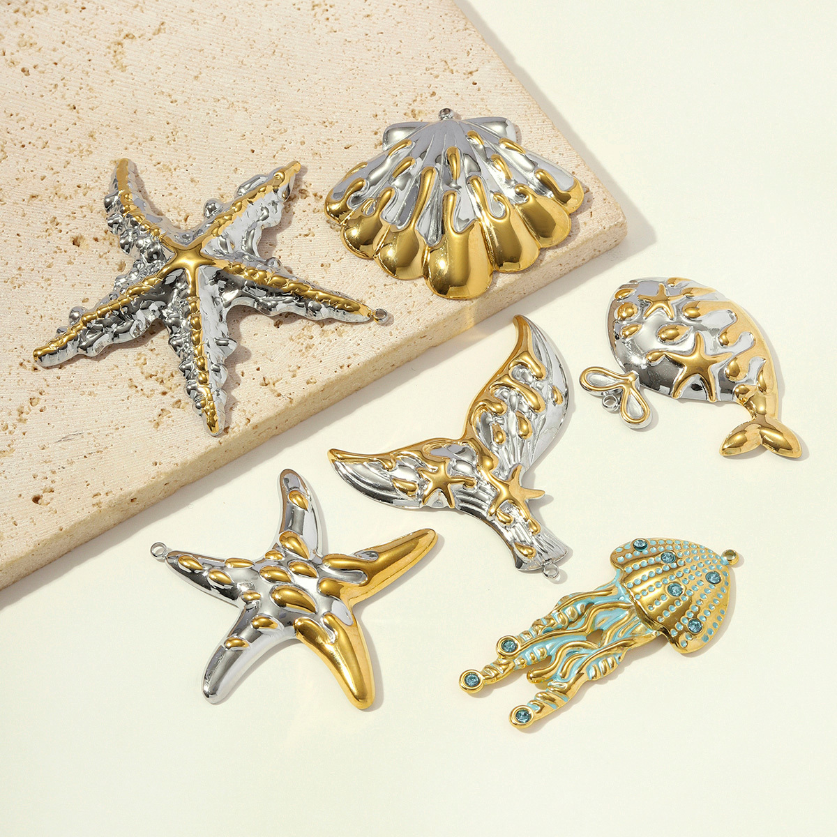 6pcs/pack Stainless Steel Two Tone Fish Tail Whale DIY Earring Charms Jellyfish Starfish Necklace Pendants Woman Shell Jewelry Wholesale