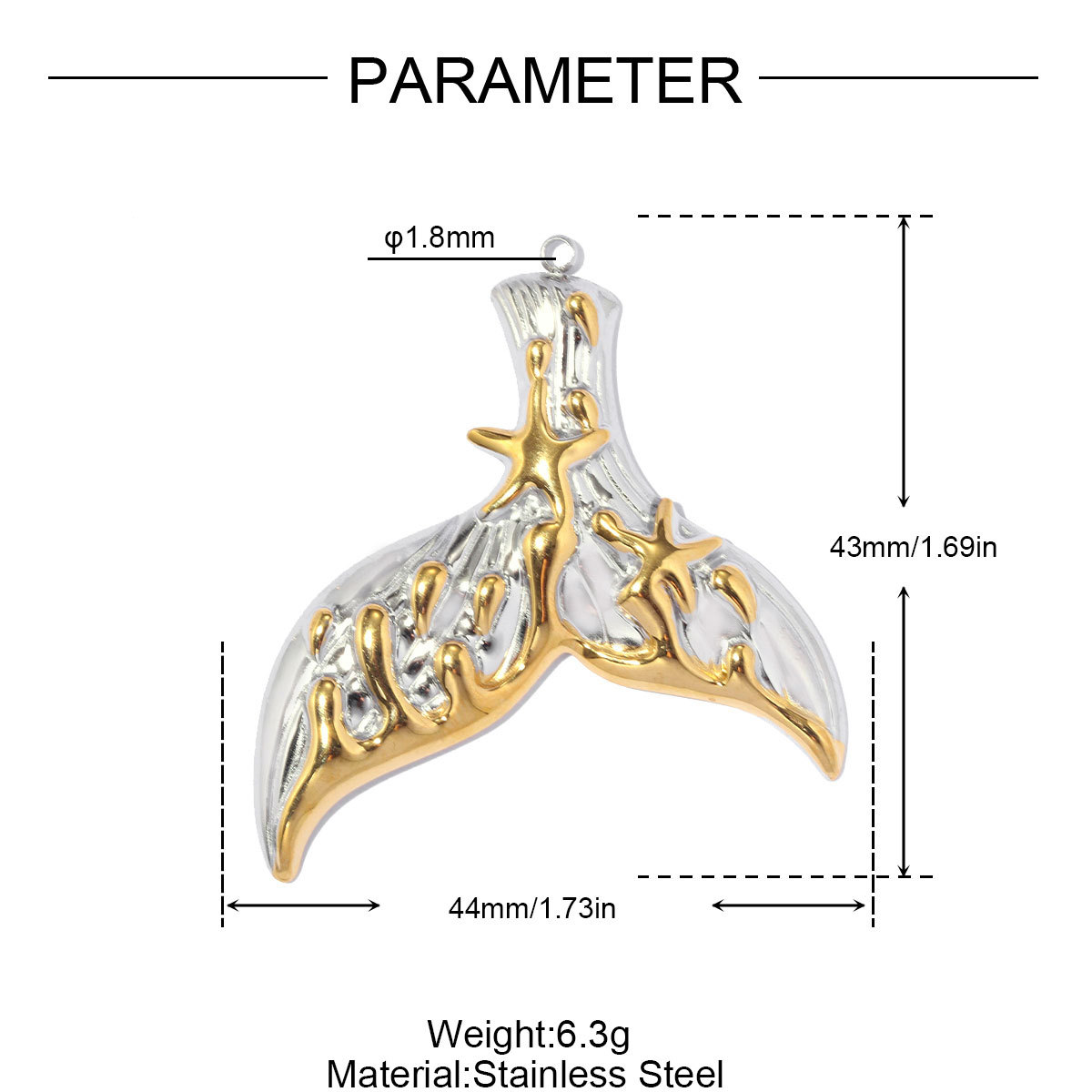 6pcs/pack Stainless Steel Two Tone Fish Tail Whale DIY Earring Charms Jellyfish Starfish Necklace Pendants Woman Shell Jewelry Wholesale