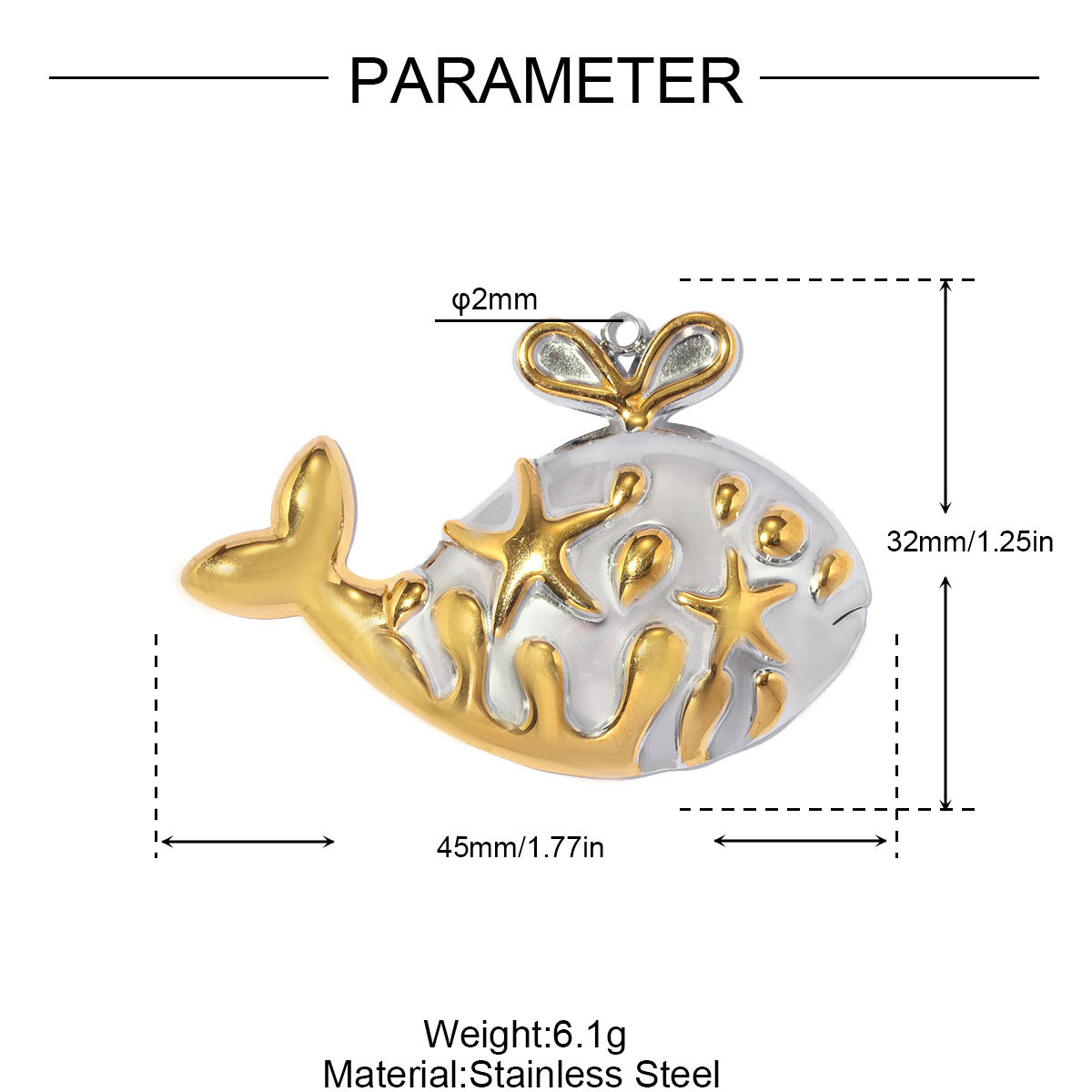6pcs/pack Stainless Steel Two Tone Fish Tail Whale DIY Earring Charms Jellyfish Starfish Necklace Pendants Woman Shell Jewelry Wholesale