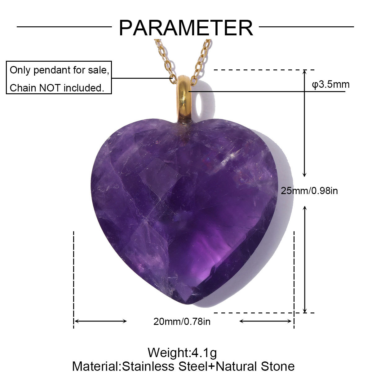 6pcs/pack Stainless Steel Natura Stone Love Heart DIY Charms Rhinestone Amethyst Necklace Pendants Evil Eye Fashion Jewelry
