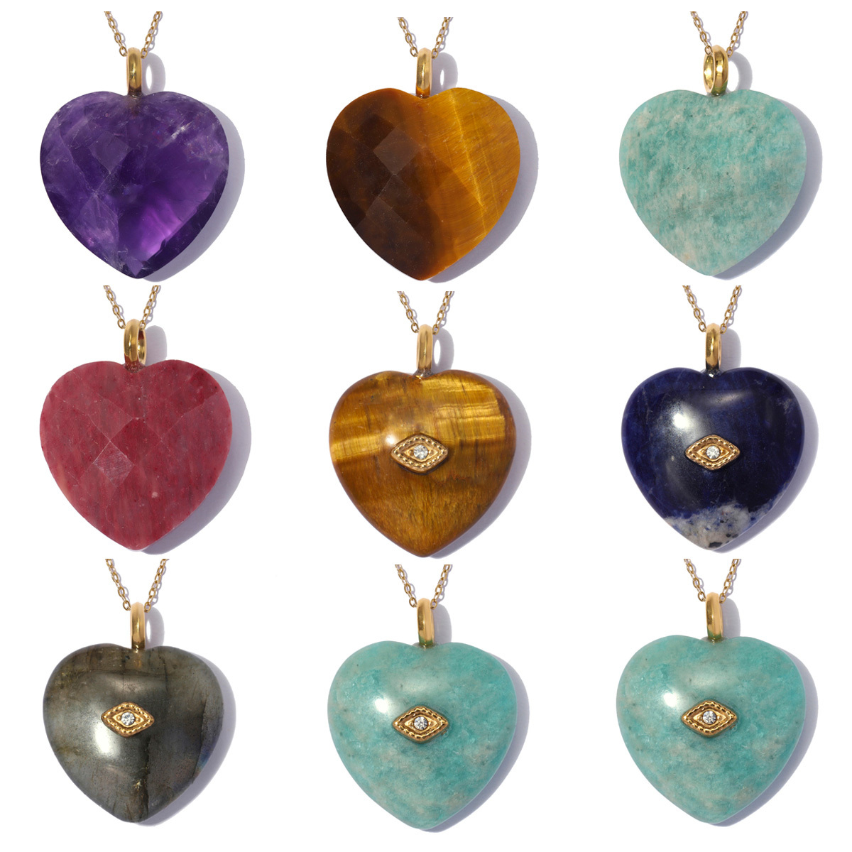 6pcs/pack Stainless Steel Natura Stone Love Heart DIY Charms Rhinestone Amethyst Necklace Pendants Evil Eye Fashion Jewelry