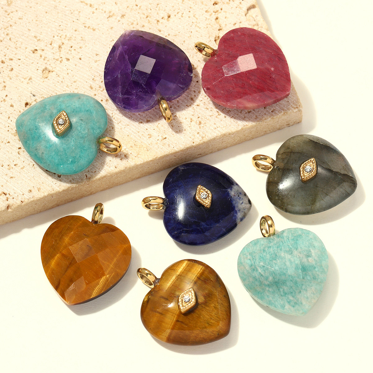 6pcs/pack Stainless Steel Natura Stone Love Heart DIY Charms Rhinestone Amethyst Necklace Pendants Evil Eye Fashion Jewelry