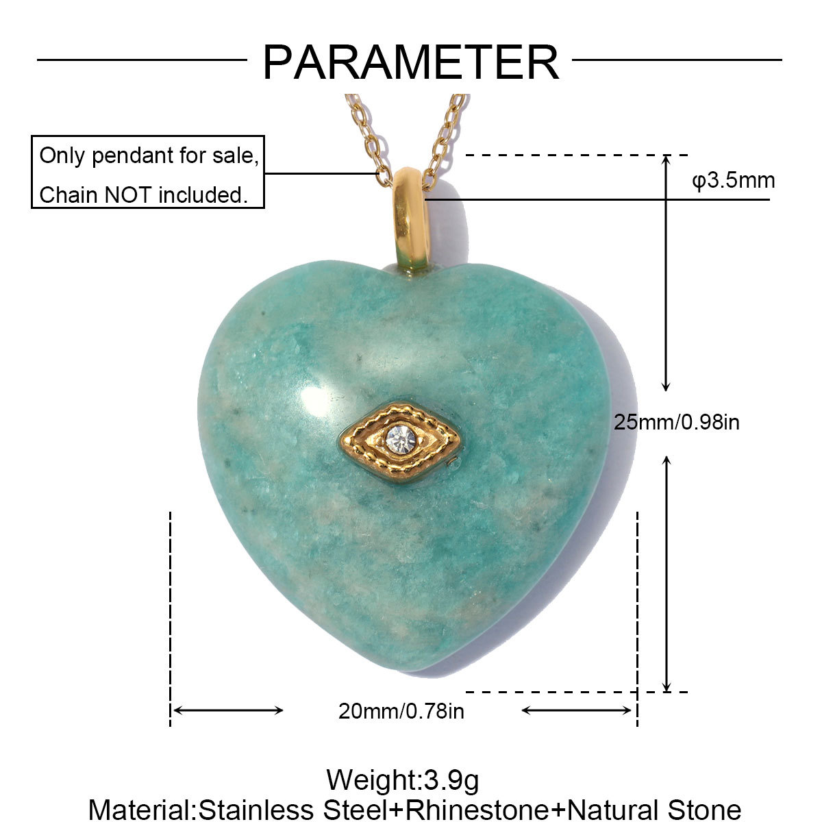 6pcs/pack Stainless Steel Natura Stone Love Heart DIY Charms Rhinestone Amethyst Necklace Pendants Evil Eye Fashion Jewelry