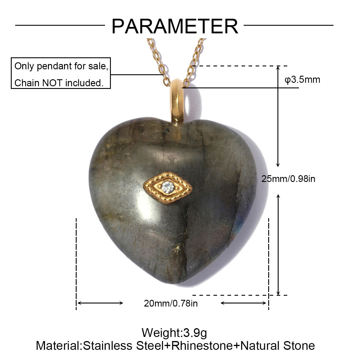 6pcs/pack Stainless Steel Natura Stone Love Heart DIY Charms Rhinestone Amethyst Necklace Pendants Evil Eye Fashion Jewelry