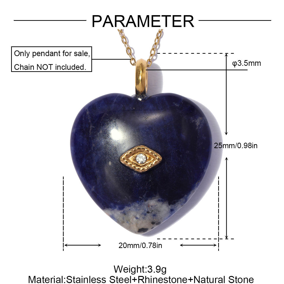 6pcs/pack Stainless Steel Natura Stone Love Heart DIY Charms Rhinestone Amethyst Necklace Pendants Evil Eye Fashion Jewelry