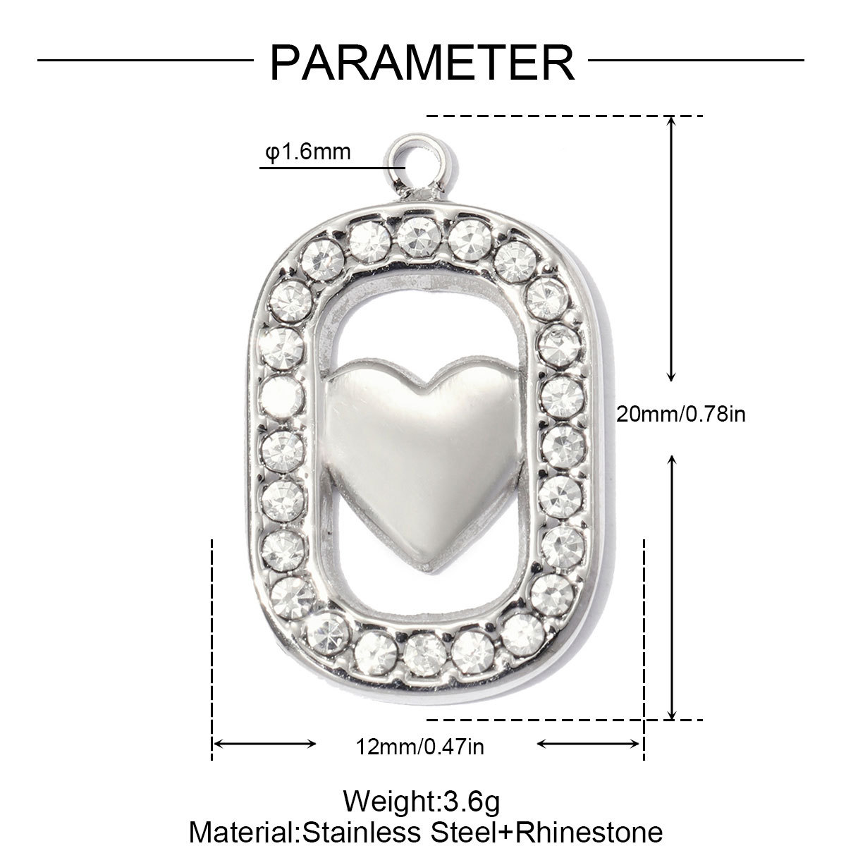 6pcs/pack Stainless Steel Rhinestone Square DIY Charms Brush Love Heart Necklace Pendants Woman Moon Star Jewelry Wholesale