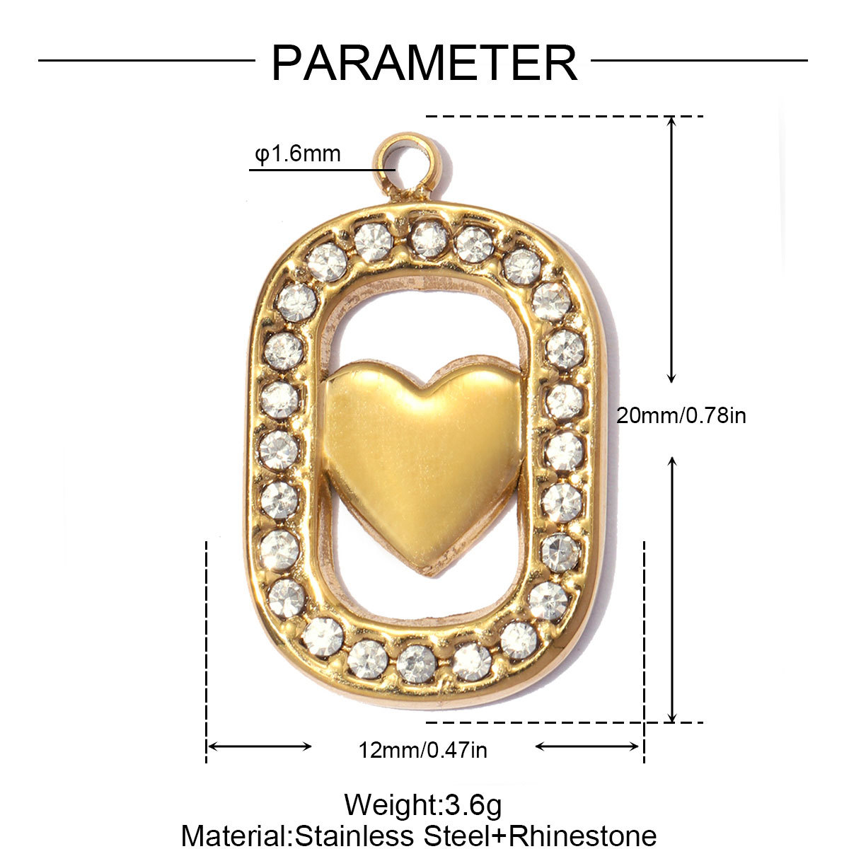6pcs/pack Stainless Steel Rhinestone Square DIY Charms Brush Love Heart Necklace Pendants Woman Moon Star Jewelry Wholesale