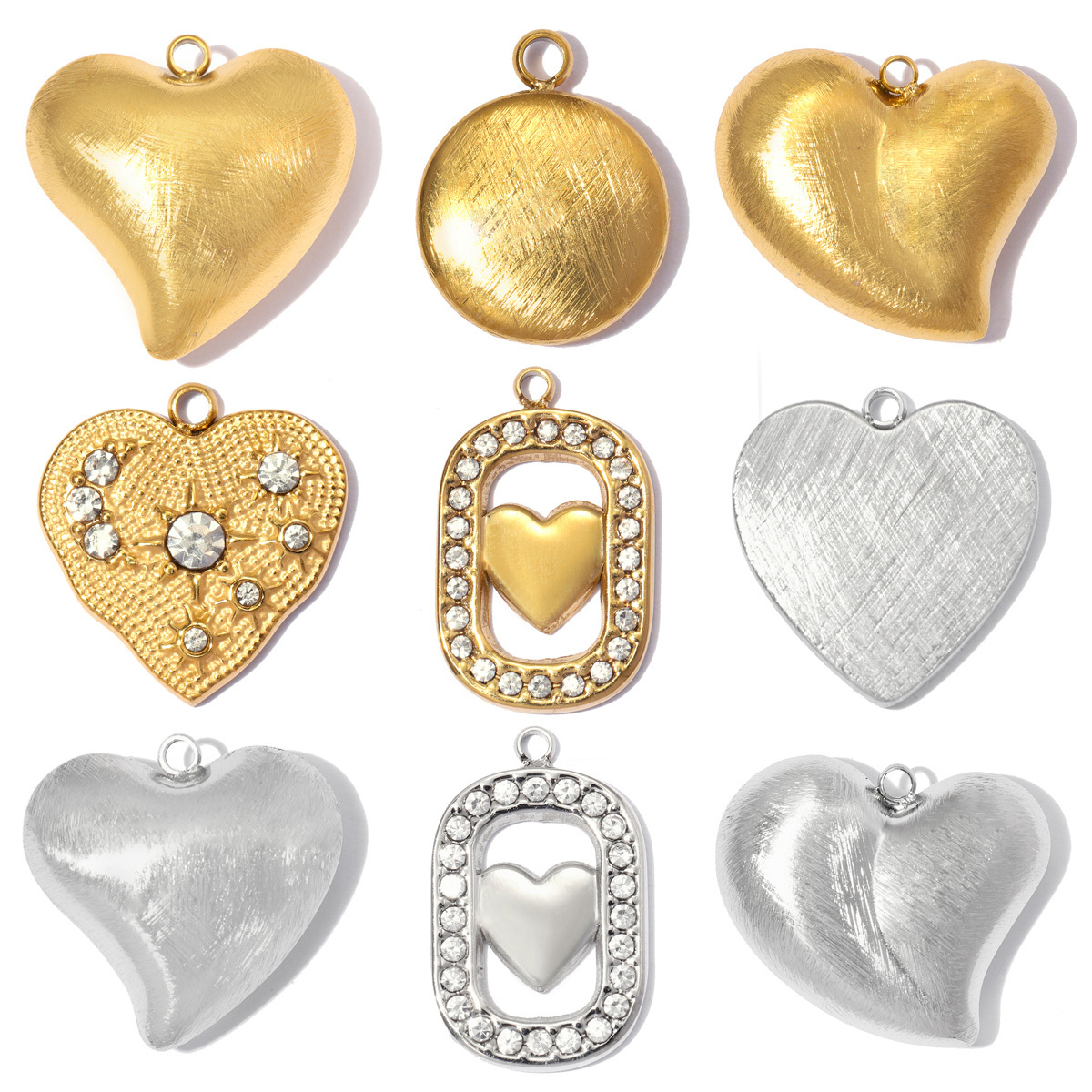 6pcs/pack Stainless Steel Rhinestone Square DIY Charms Brush Love Heart Necklace Pendants Woman Moon Star Jewelry Wholesale