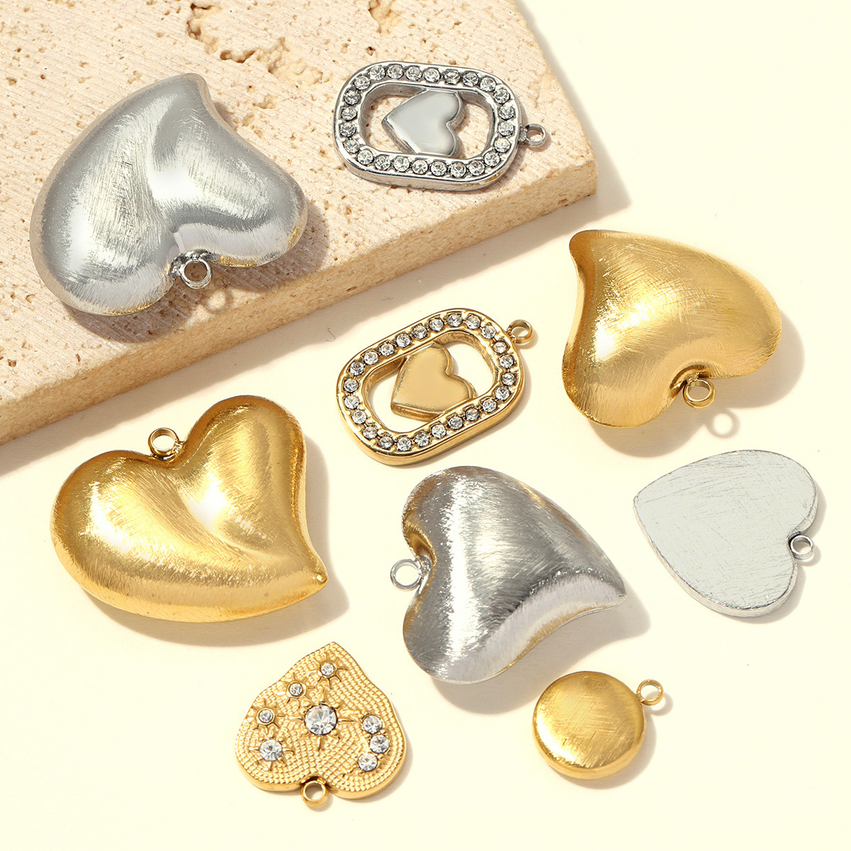 6pcs/pack Stainless Steel Rhinestone Square DIY Charms Brush Love Heart Necklace Pendants Woman Moon Star Jewelry Wholesale