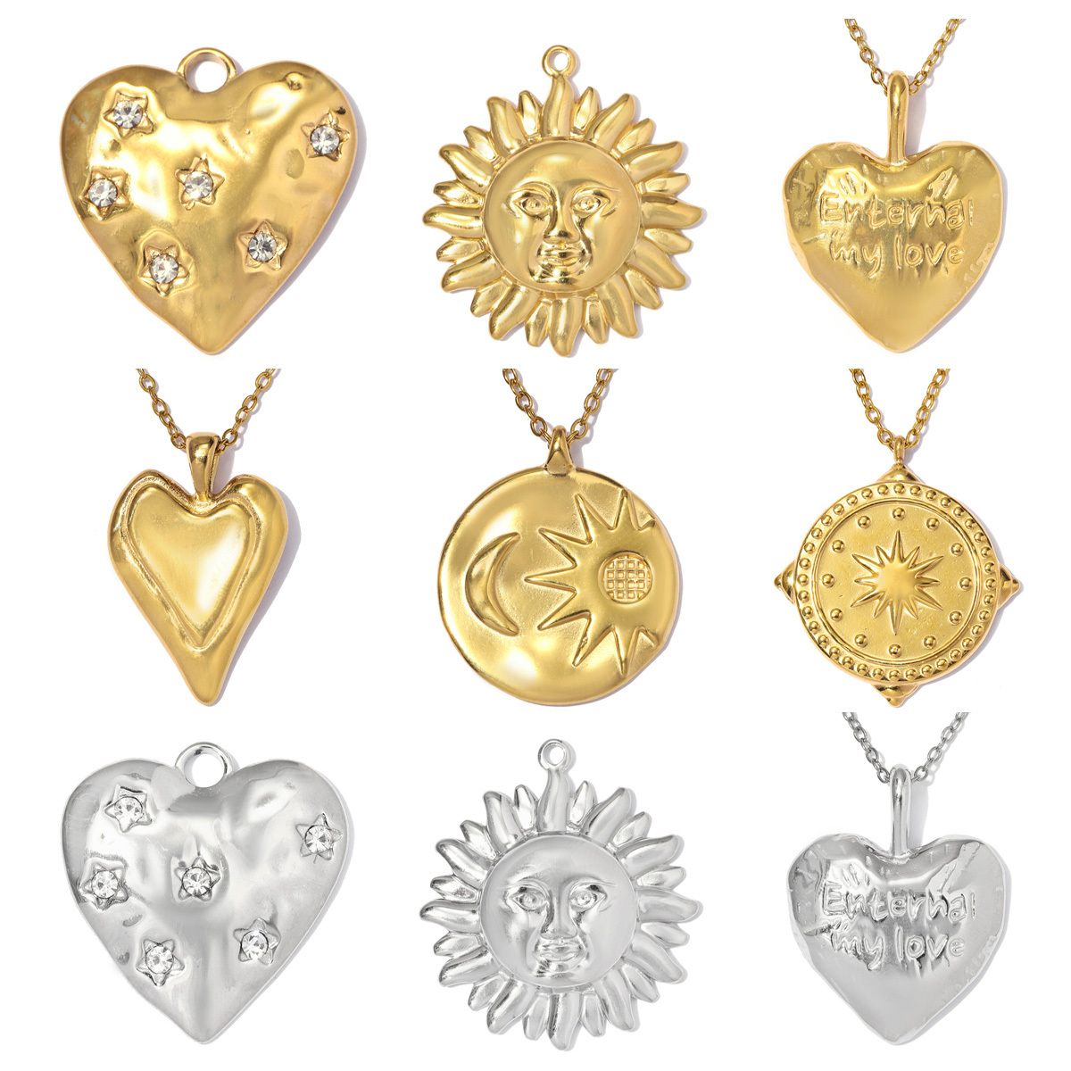 6pcs/pack Stainless Steel Rhinestone Love Heart DIY Charms Moon Star Necklace Pendants Woman Star Sunflower Jewelry Wholesale