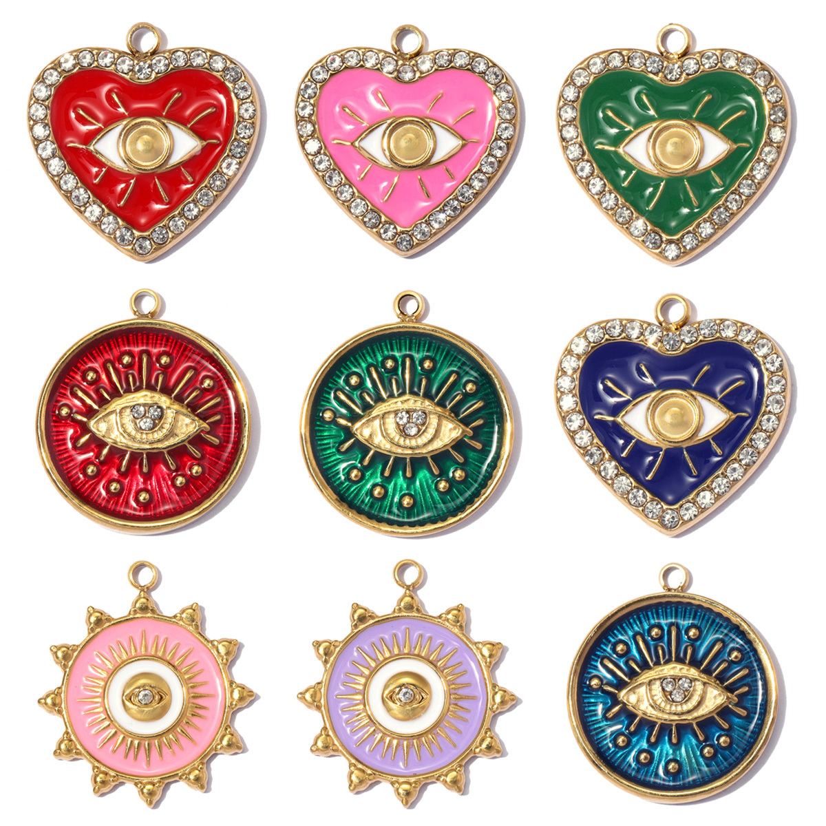 6pcs/pack Stainless Steel Rhinestone Evil Eye DIY Bracelet Charms Enamel Love Heart Necklace Pendants Woman Sun Jewelry Wholesale