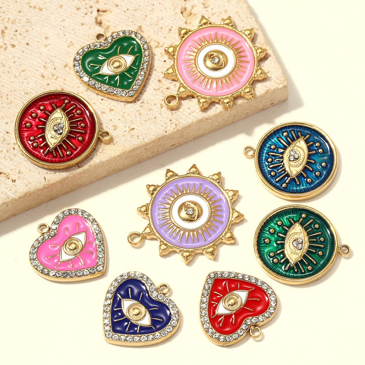 6pcs/pack Stainless Steel Rhinestone Evil Eye DIY Bracelet Charms Enamel Love Heart Necklace Pendants Woman Sun Jewelry Wholesale