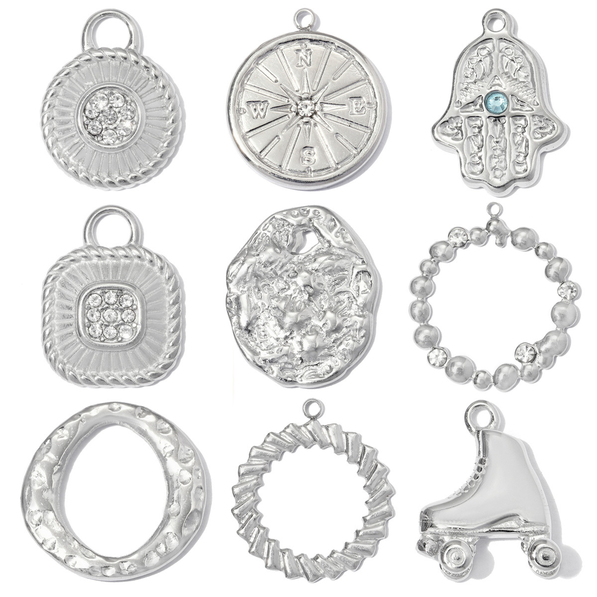 6pcs/pack Stainless Steel Rhinestone Circle Round DIY Earring Charm Hamsa Hand Compass Necklace Pendant Woman Roller Skates Jewelry