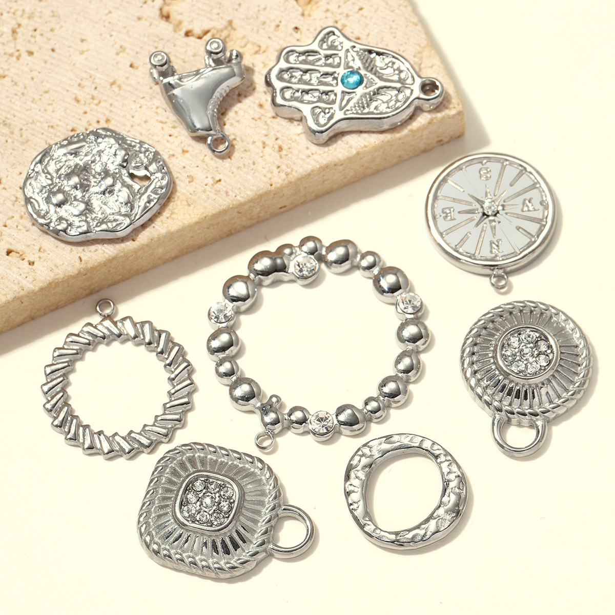 6pcs/pack Stainless Steel Rhinestone Circle Round DIY Earring Charm Hamsa Hand Compass Necklace Pendant Woman Roller Skates Jewelry