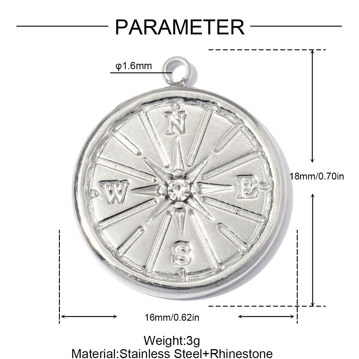 6pcs/pack Stainless Steel Rhinestone Circle Round DIY Earring Charm Hamsa Hand Compass Necklace Pendant Woman Roller Skates Jewelry