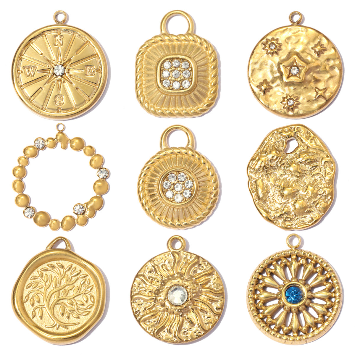 6pcs/pack Stainless Steel Compass Sun DIY Earring Charms Rhinestone Square Round Circle Necklace Pendants Woman Roller Skates Jewelry