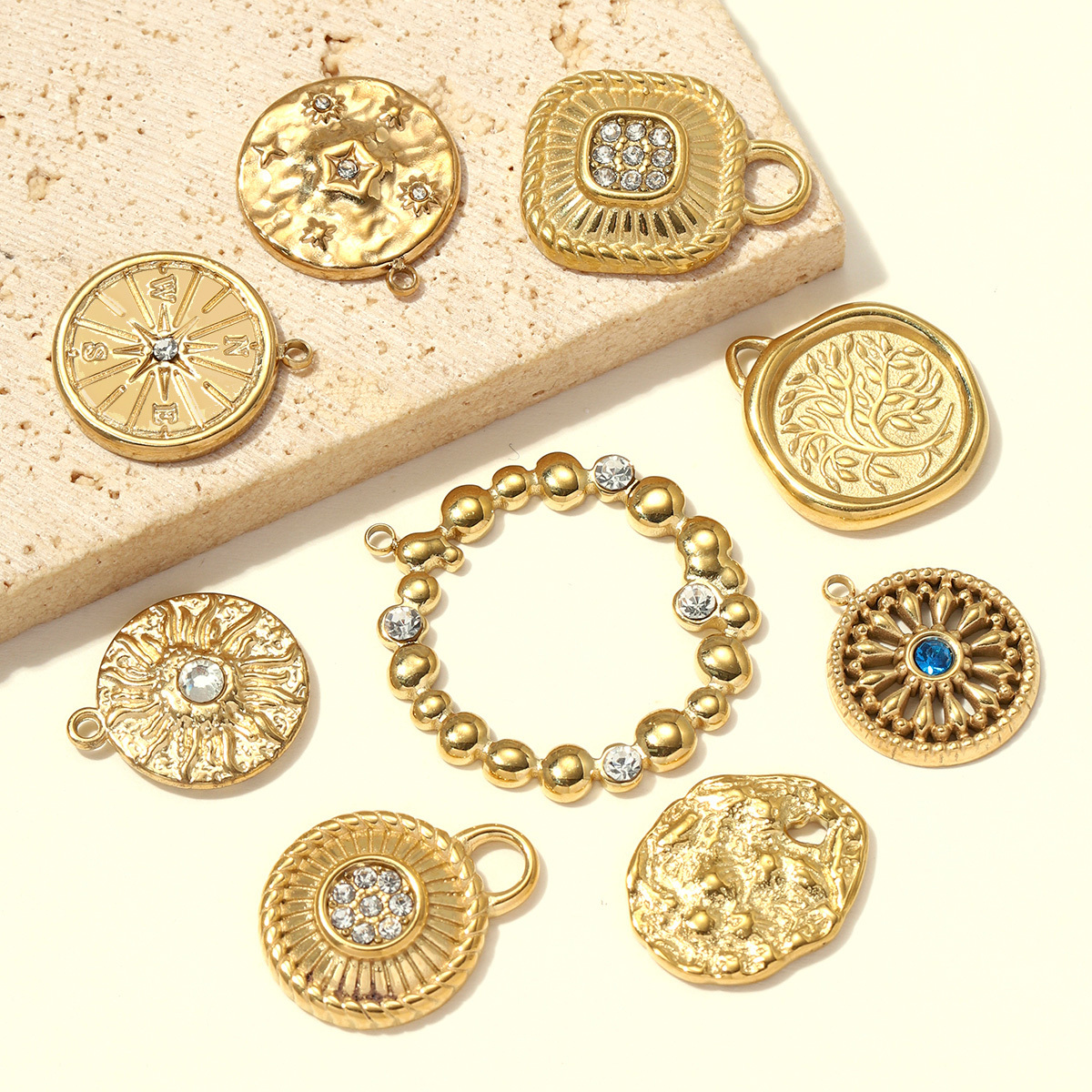 6pcs/pack Stainless Steel Compass Sun DIY Earring Charms Rhinestone Square Round Circle Necklace Pendants Woman Roller Skates Jewelry