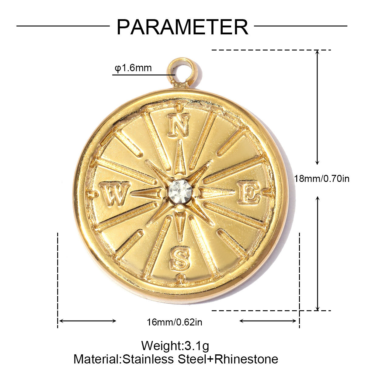 6pcs/pack Stainless Steel Compass Sun DIY Earring Charms Rhinestone Square Round Circle Necklace Pendants Woman Roller Skates Jewelry
