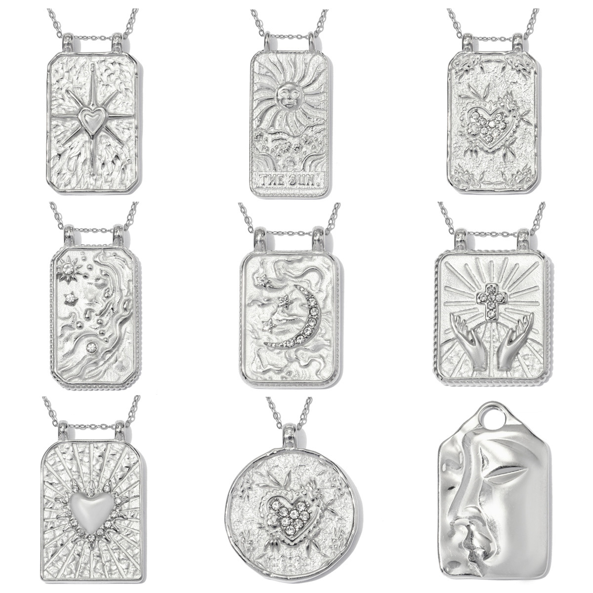 6pcs/pack Stainless Steel Tarot Cards Cross Hand DIY Charms Rhinestone Moon Star Sun Necklace Pendants Woman Heart Mask Jewelry