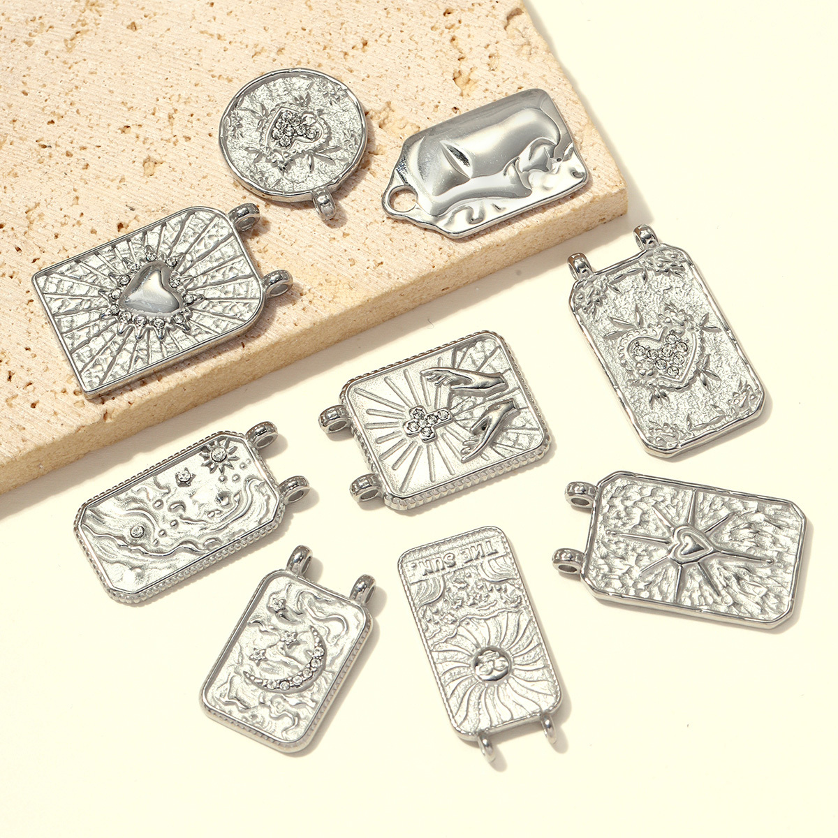 6pcs/pack Stainless Steel Tarot Cards Cross Hand DIY Charms Rhinestone Moon Star Sun Necklace Pendants Woman Heart Mask Jewelry