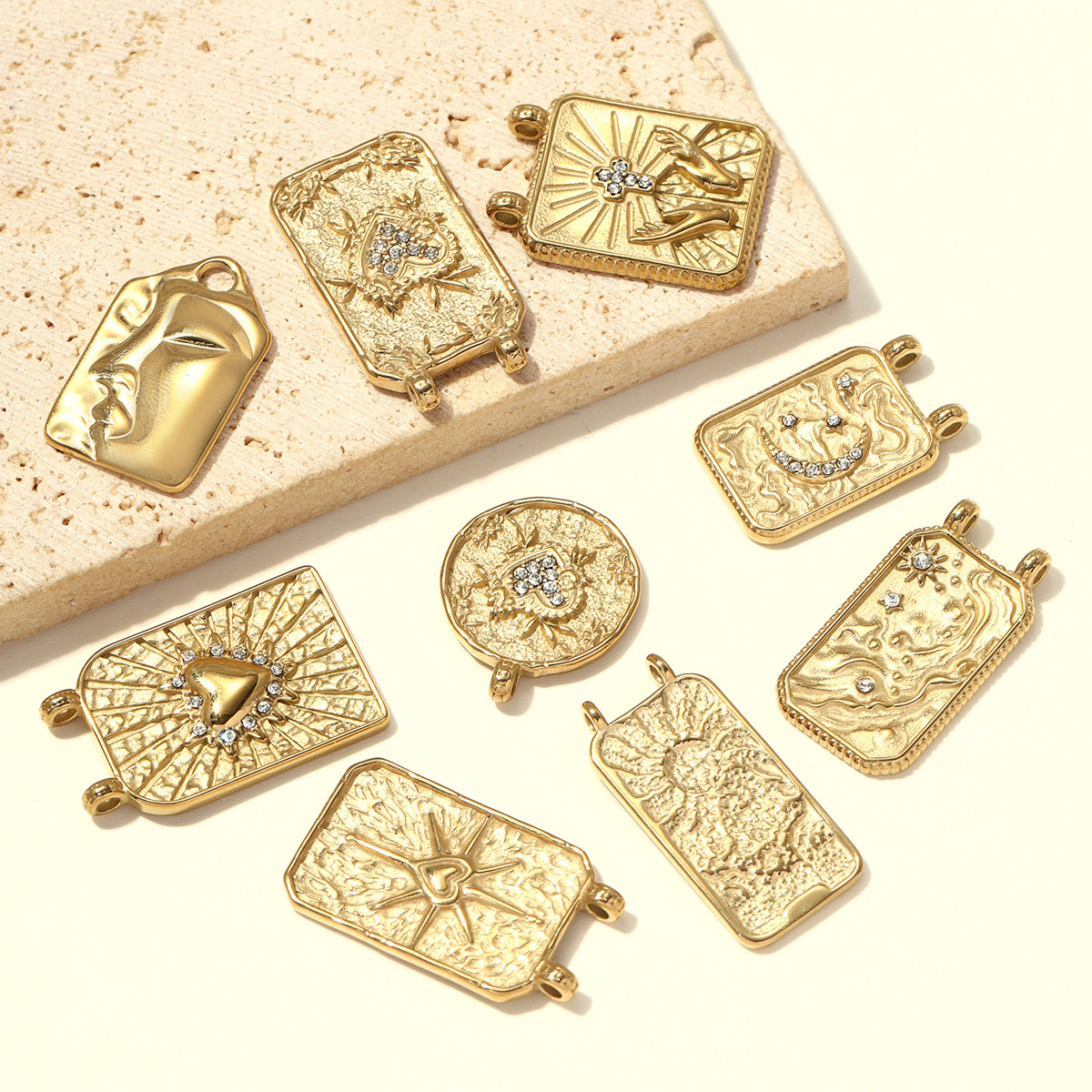 6pcs/pack Stainless Steel Rhinestone Tarot Cards Moon Star DIY Charms Cross Hand Necklace Pendants Woman Flower Mask Jewelry