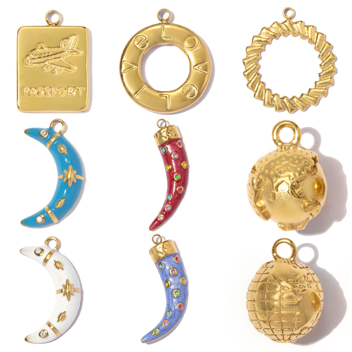 6pcs/pack Stainless Steel 3D Globe DIY Charms Airplane Passport Circle Necklace Pendants Woman Enamel Wolf Teeth Jewelry Wholesale