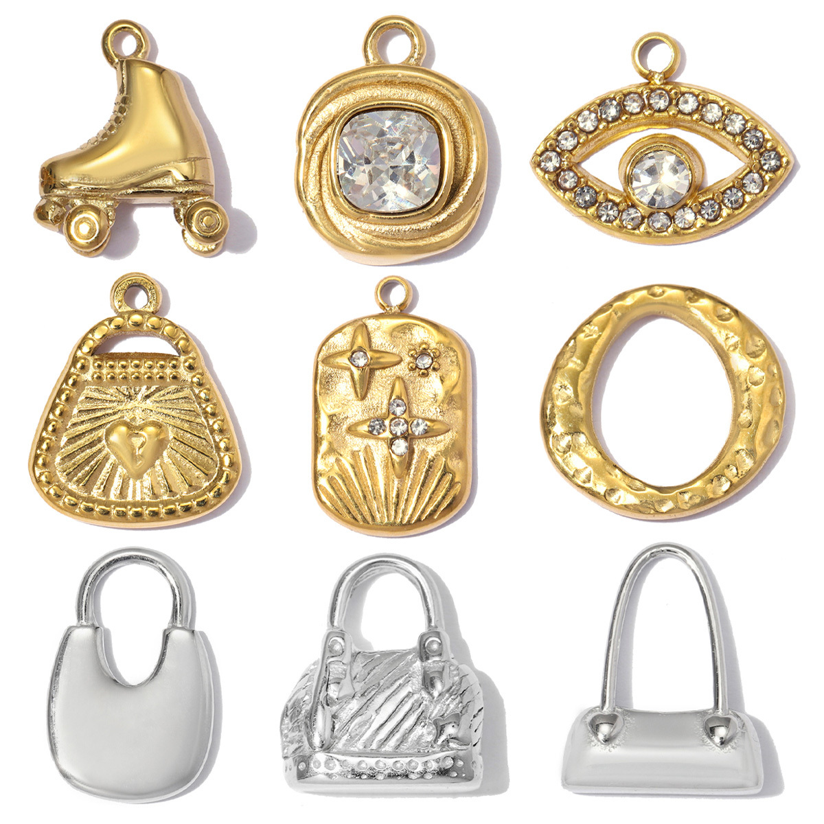 6pcs/pack Stainless Steel 3D Handbag Star DIY Bracelet Charms Rhinestone Evil Eye Necklace Pendants Woman Roller Skates Jewelry Wholesale