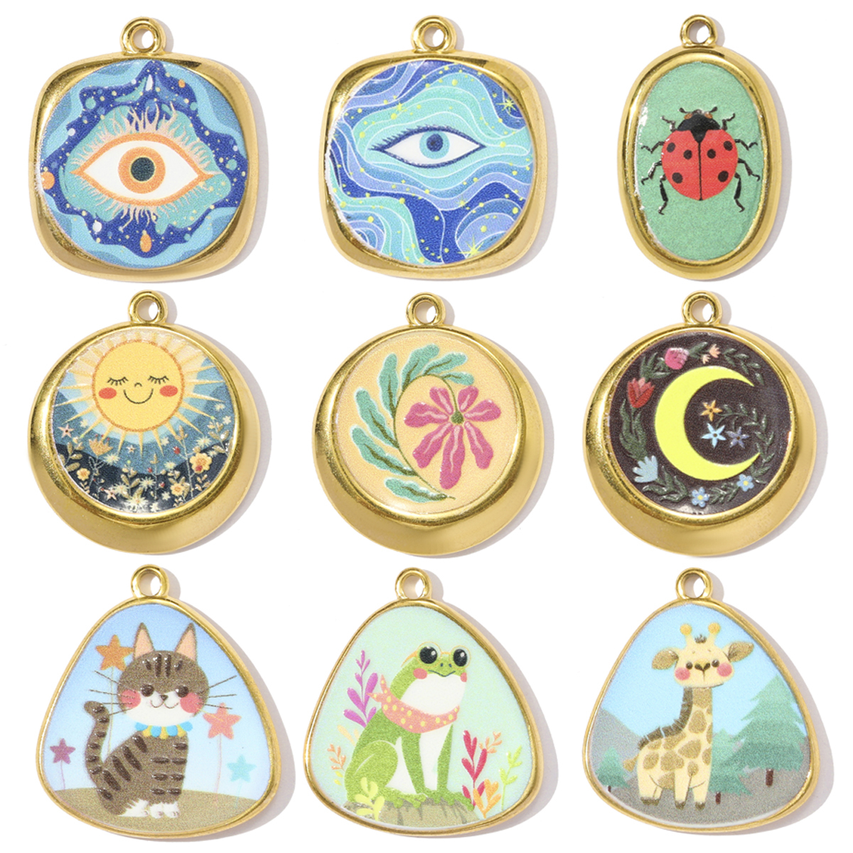 6pcs/pack French Retro Stainless Steel Painted Giraffe Frog DIY Earring Charms Ladybird Cat Necklace Pendant Women Flower Jewelry