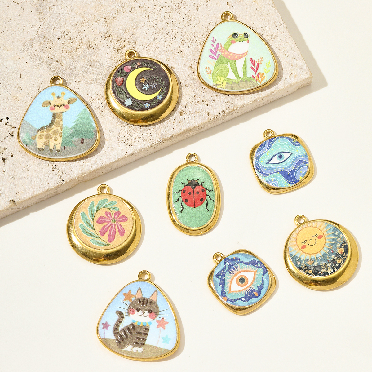 6pcs/pack French Retro Stainless Steel Painted Giraffe Frog DIY Earring Charms Ladybird Cat Necklace Pendant Women Flower Jewelry