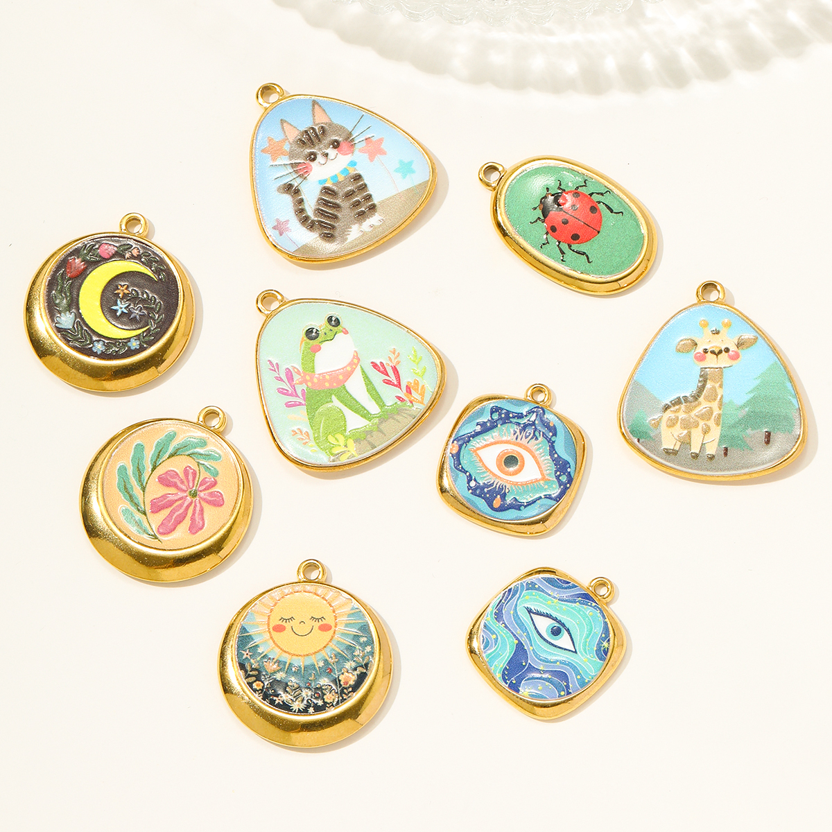 6pcs/pack French Retro Stainless Steel Painted Giraffe Frog DIY Earring Charms Ladybird Cat Necklace Pendant Women Flower Jewelry
